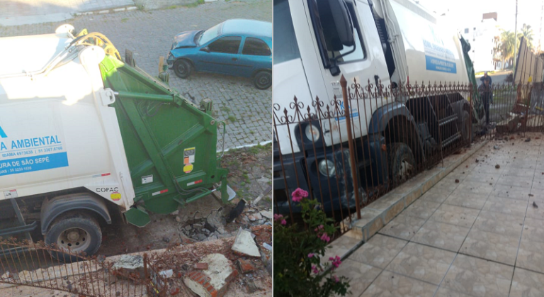 Caminhão de lixo desgovernado atinge carro a muro de residências em São Sepé
