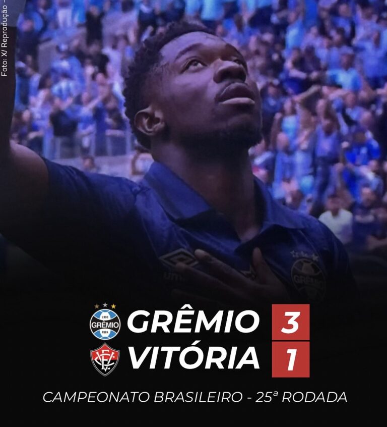 Grêmio vence Vitória com autoridade e sob na tabela do Brasileirão.