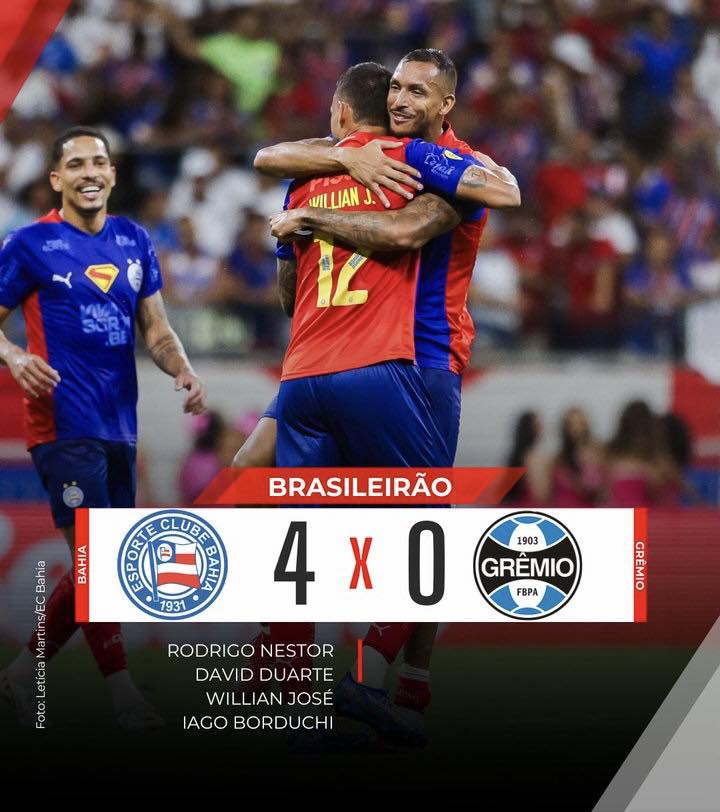 Bahia atropela o Grêmio e entra de vez na briga pelo G4.