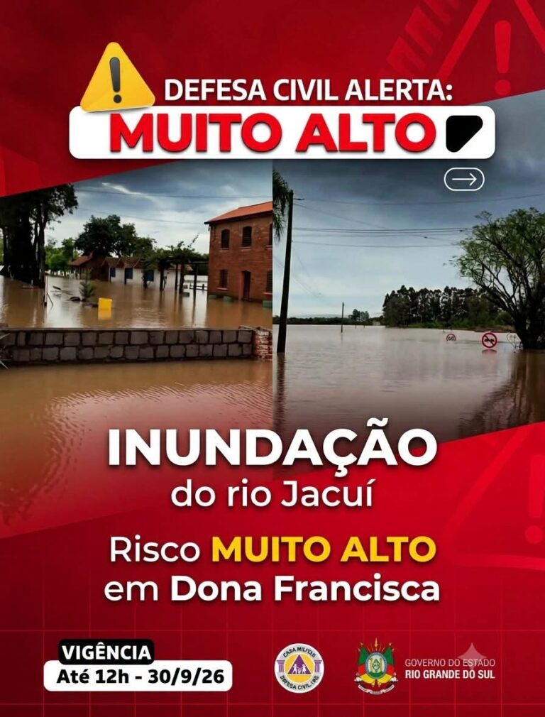 Defesa Civil alerta para risco muito alto de inundação do Rio Jacuí em Dona Francisca